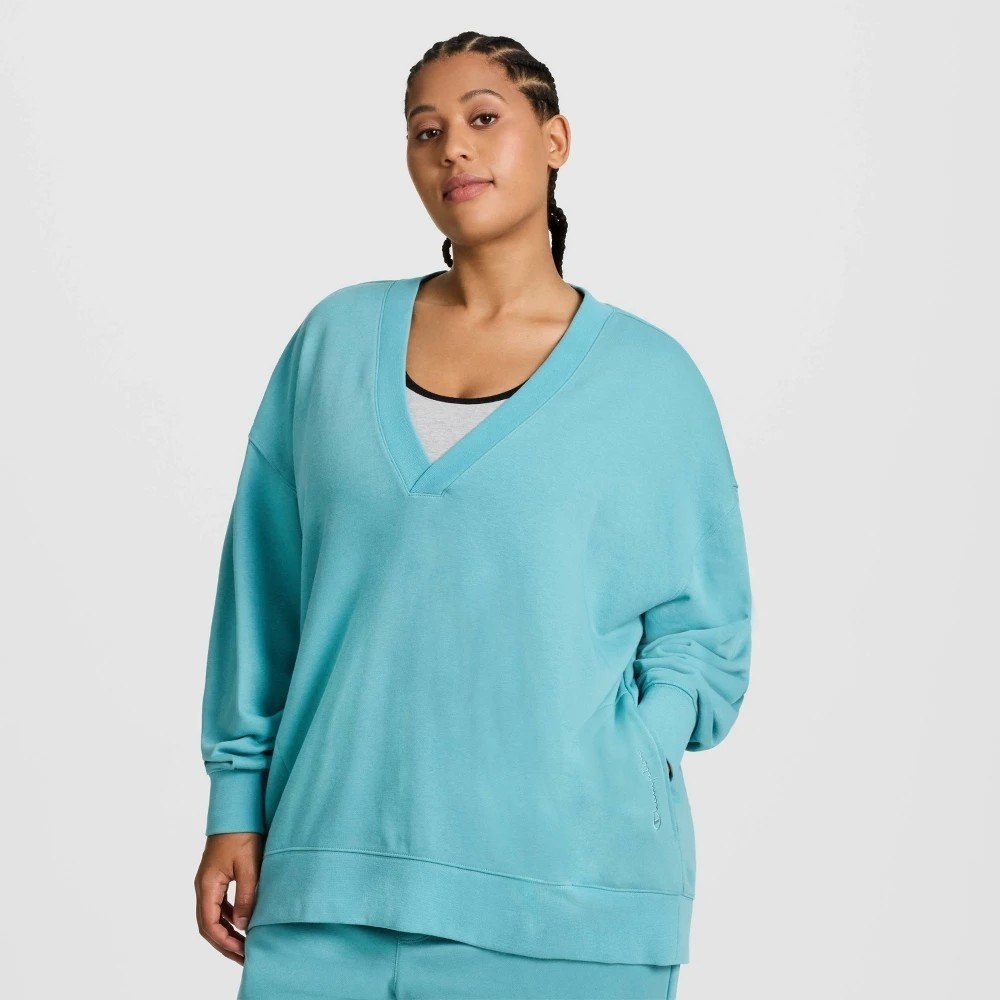 NWT Champion Gameday Deep V Tunic Pullover French Terry Sweatshirt Teal XL